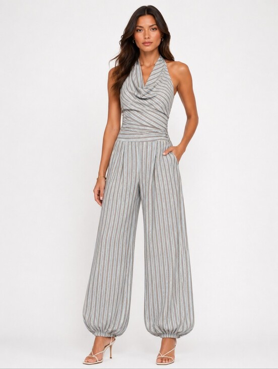 Zara Pants - ZARA Gray Pinstripe Draped Cowl Halter Harem Leg Jumpsuit Size M